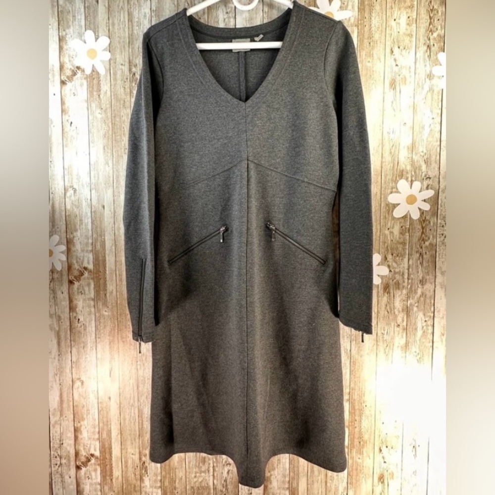 Athleta Ponte Dress Sz Medium Heathered Gray V Neck Zipper Pockets Stretchy‎